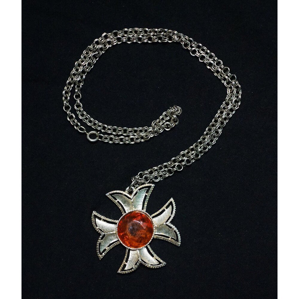 Vintage Maltese Cross Orange Rhinestone Necklace